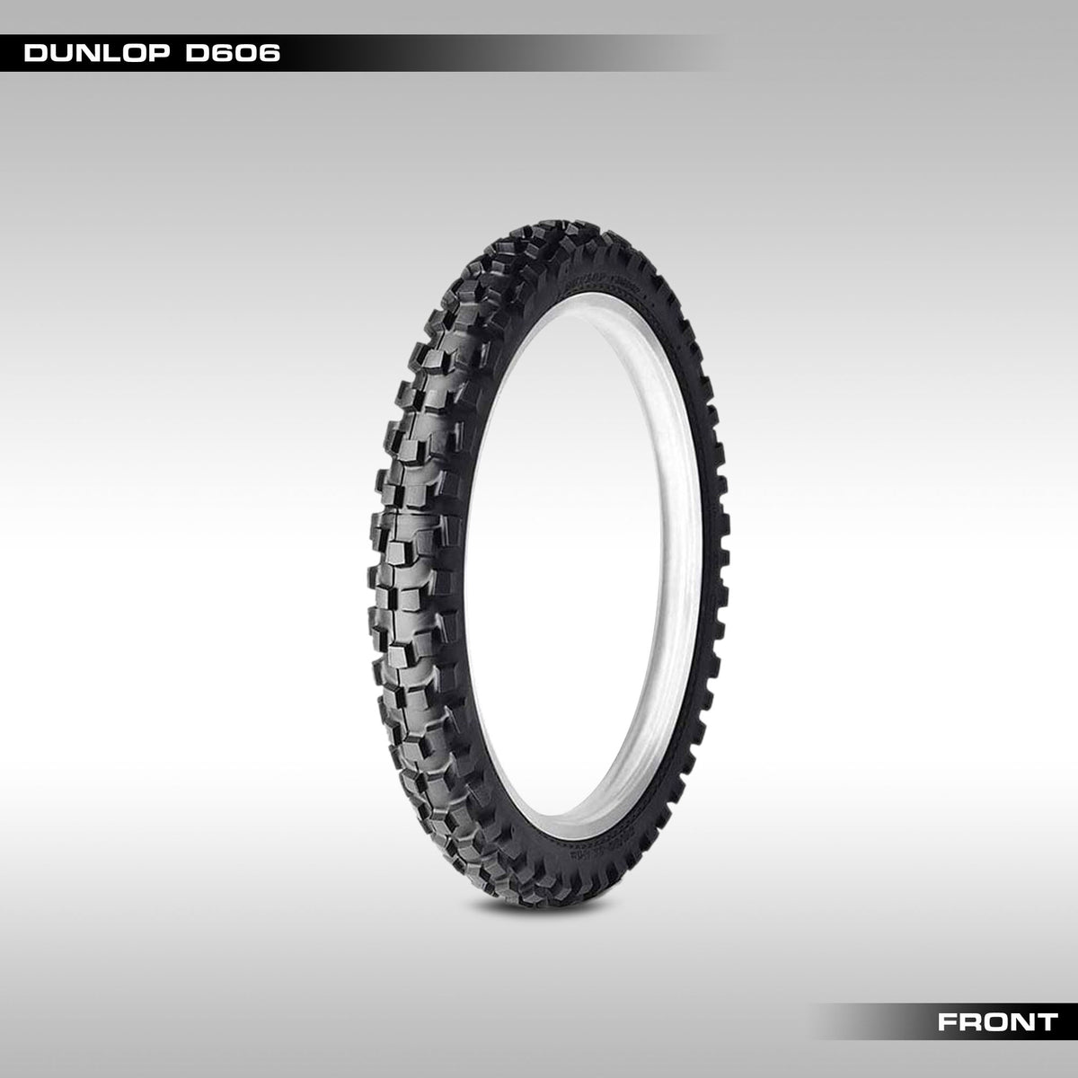 Front Dunlop D606 dualsport tire on a gray background