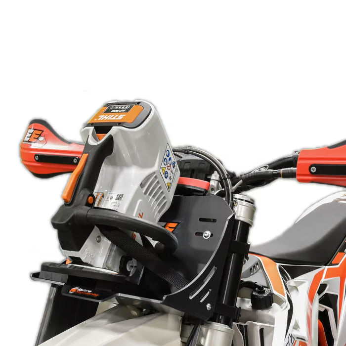 Motorcycle with a chainsaw attached to its side on a light gray background