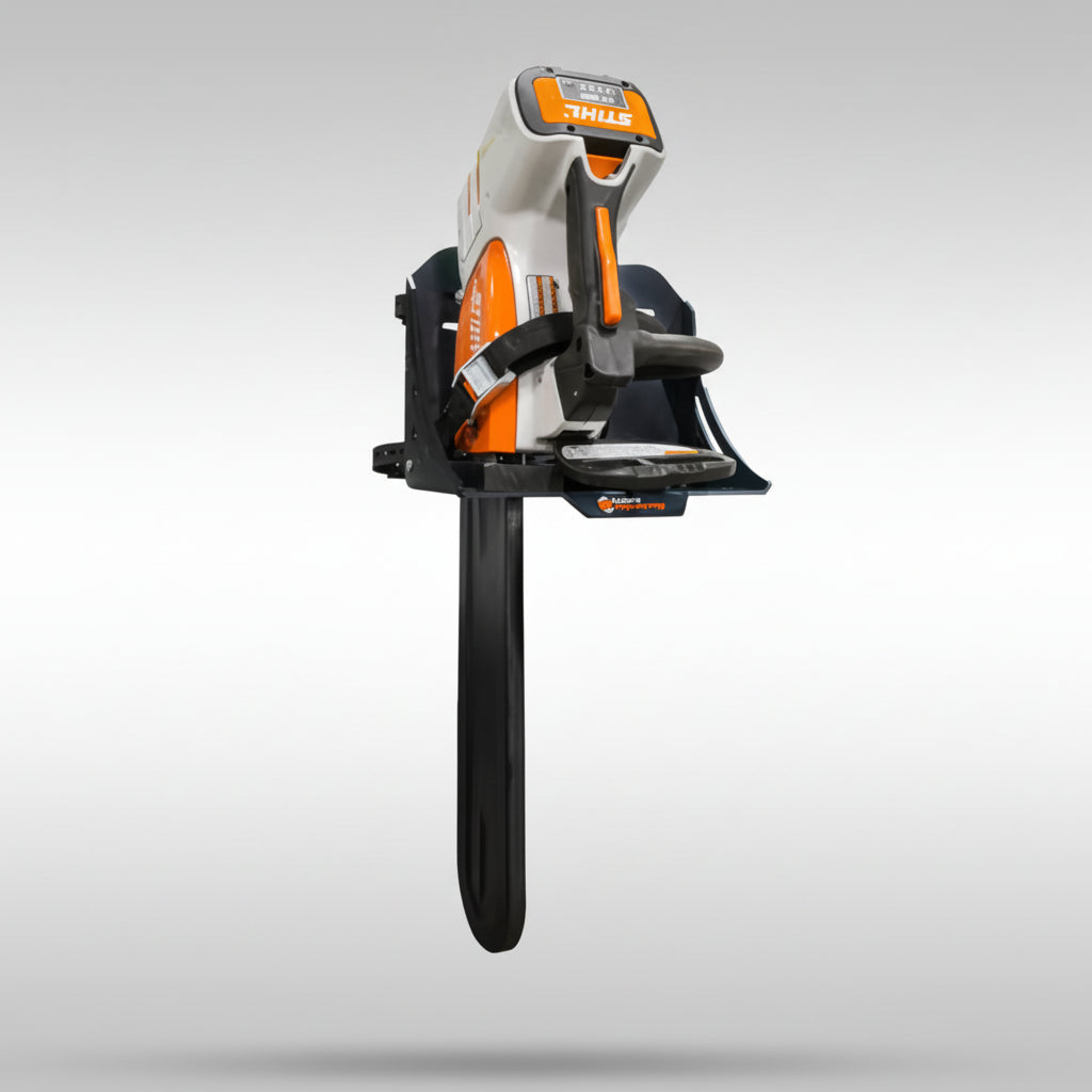 Motorcycle with a chainsaw attached to its side on a light gray background