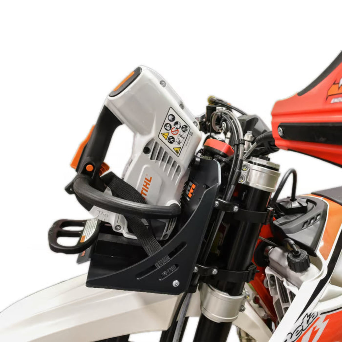 Motorcycle with a chainsaw attached to its side on a white background