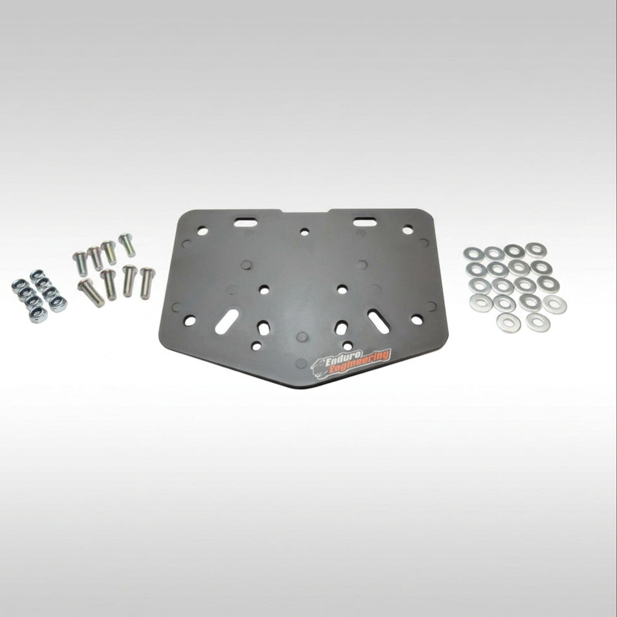 Enduro Engineering 22-700 black universal plastic dirt bike license plate backer holder with mounting hardware kit.