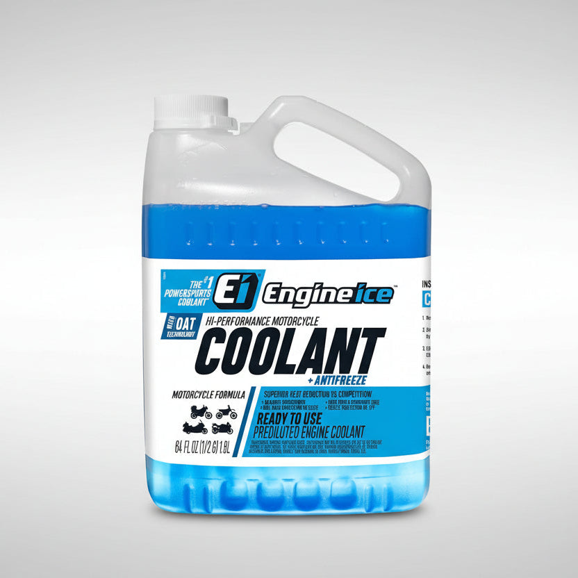 Front of Engine Ice coolant bottle with 'Engine Ice' branding on a gray background