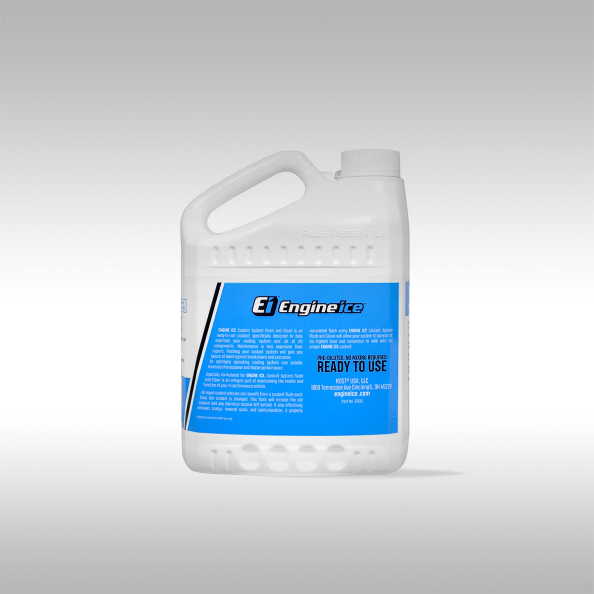 Engine Ice coolant system flush and clean container on a gray background