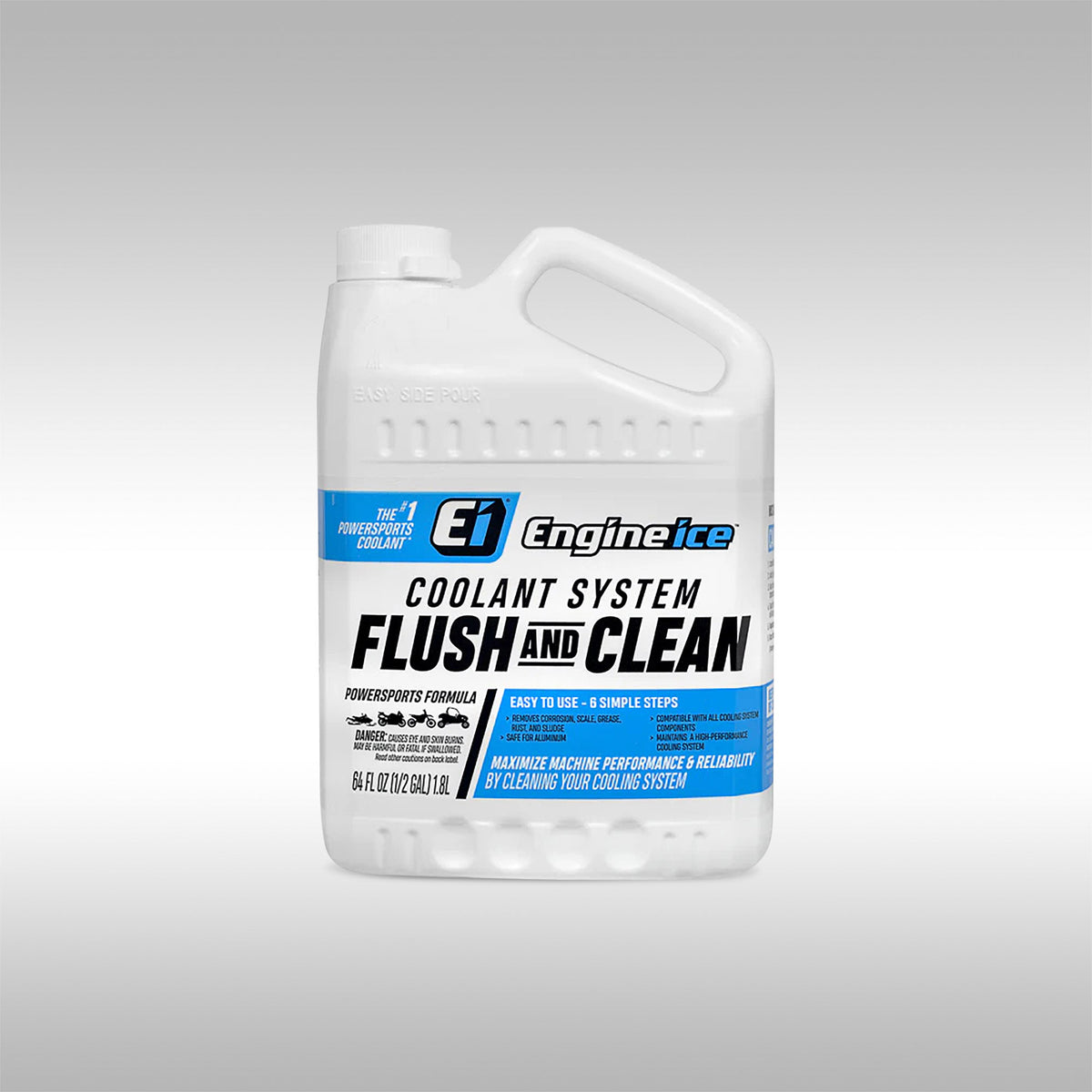 Engine Ice coolant system flush and clean container on a gray background