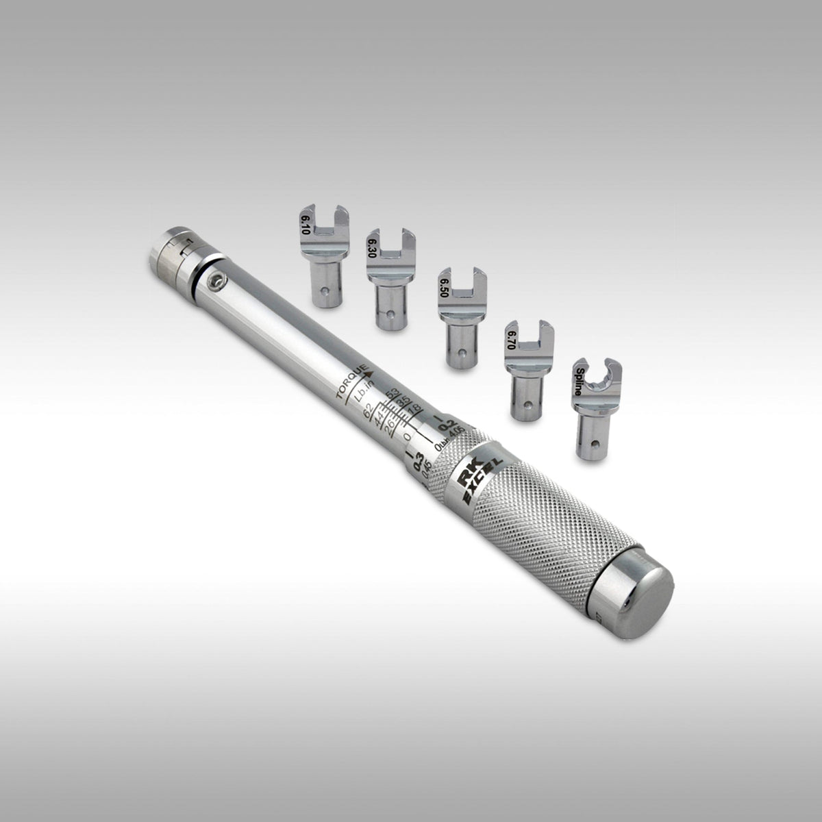 Excel TWS-210ANS adjustable spoke torque wrench set in yellow hard case with interchangeable heads.