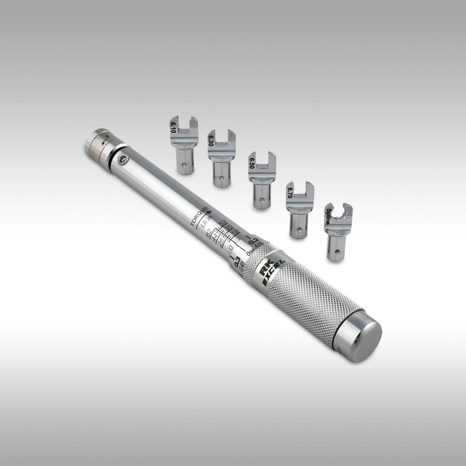 Excel TWS-210ANS adjustable spoke torque wrench set in yellow hard case with interchangeable heads.