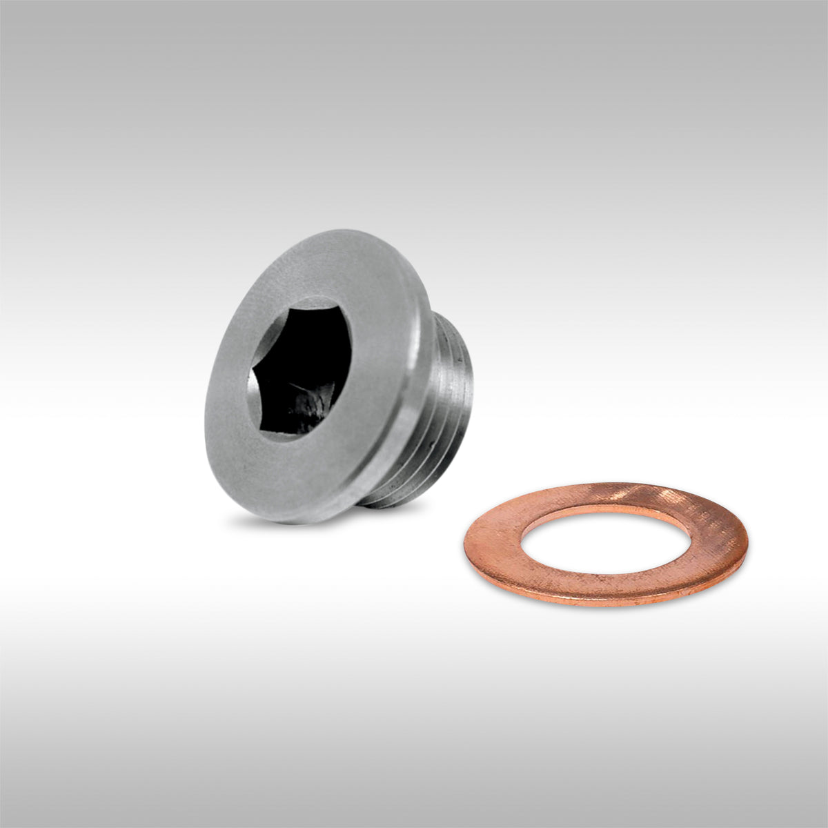 Stainless steel M12 x 1.25 exhaust bung plug with copper crush washer on a gray background