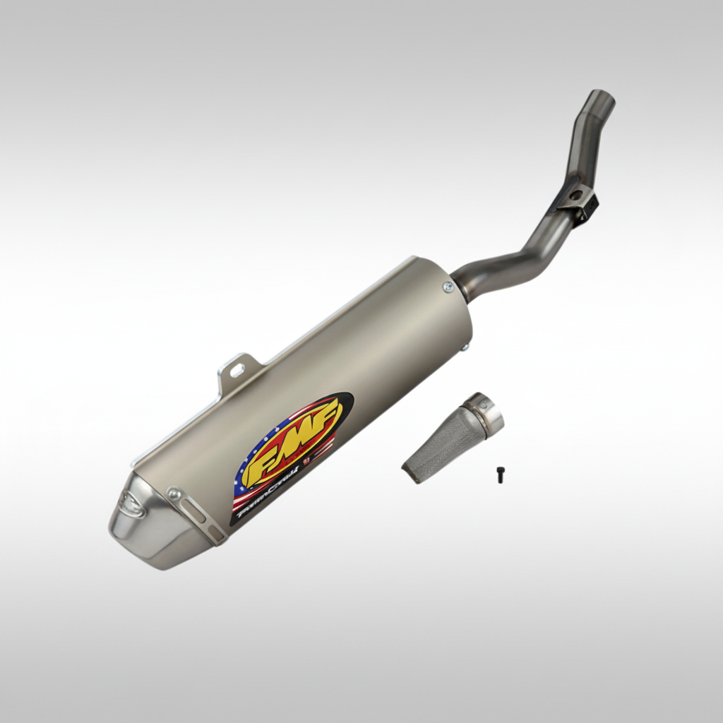 Motorcycle slip-on exhaust with FMF logo on a gray background