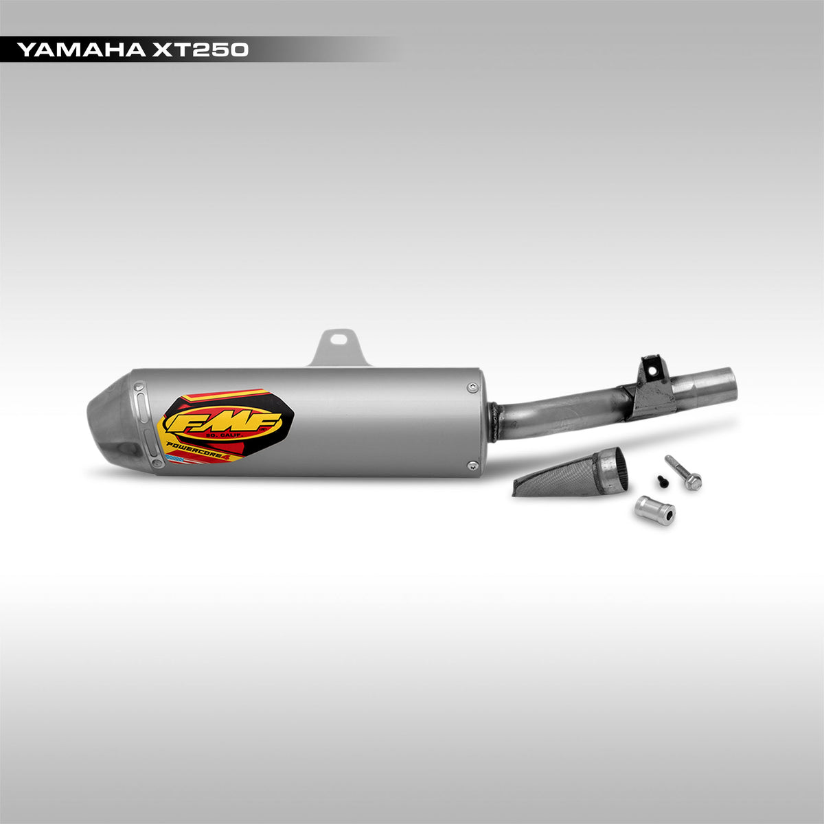 Yamaha XT250 motorcycle exhaust system with FMF brand logo on a gray background