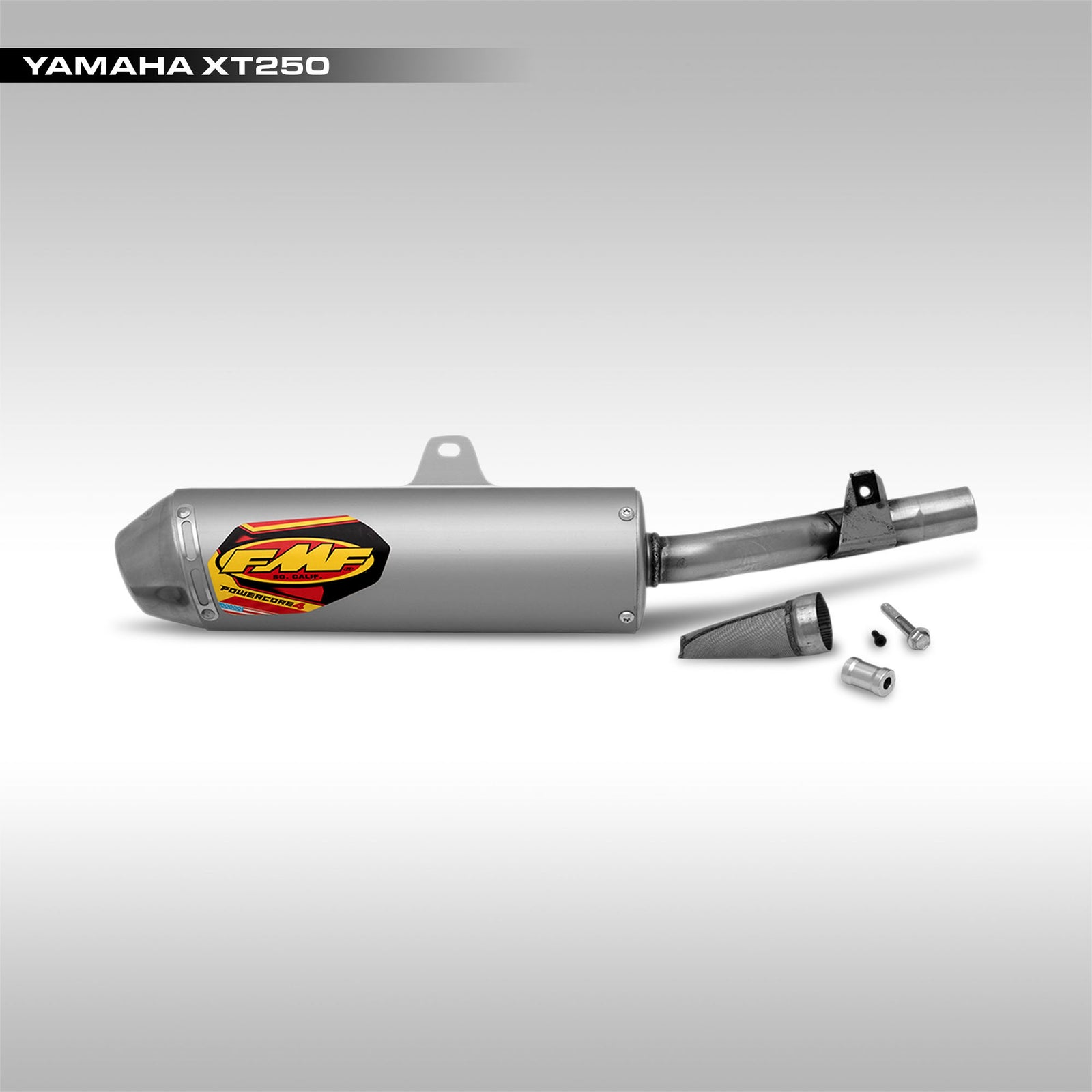 Yamaha XT250 motorcycle exhaust system with FMF brand logo on a gray background
