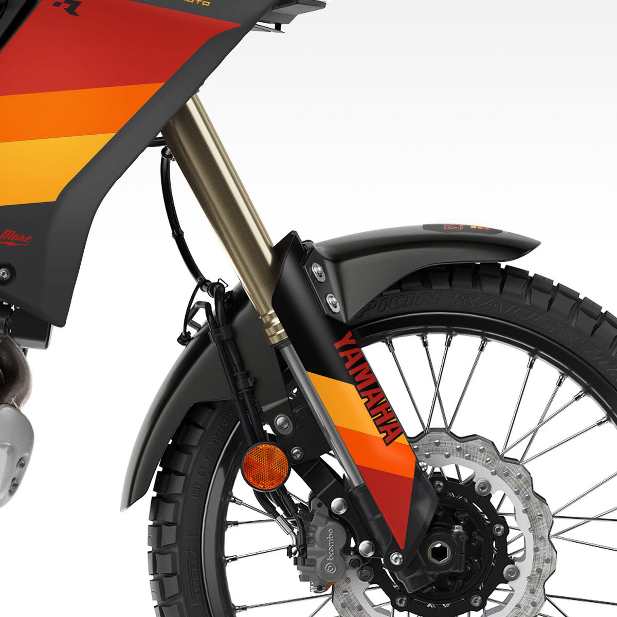 Fork guard side view of a Tenere 700 with an all black RTech plastic kit and the TMBR MOTO Red, Orange, Yellow stripe graphics kit.