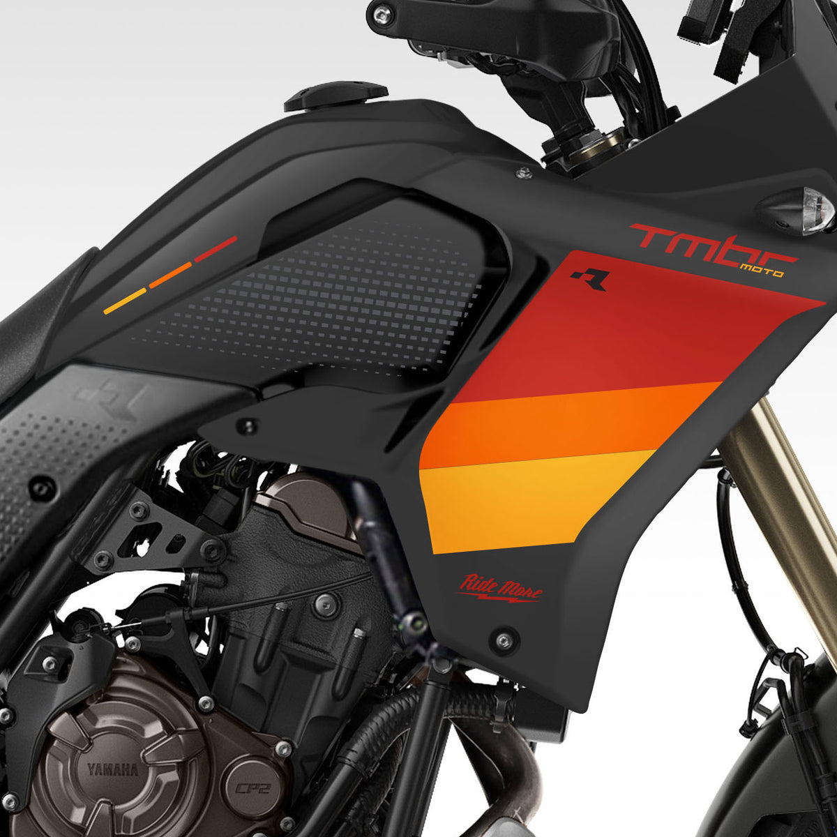 Front quarter side view of a Tenere 700 with an all black RTech plastic kit and the TMBR MOTO Red, Orange, Yellow stripe graphics kit.
