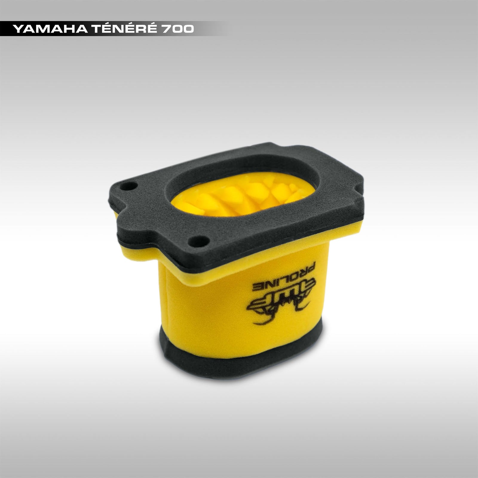 Yellow and black FunnelWeb motorcycle air filter labeled for the Yamaha Tenere 700