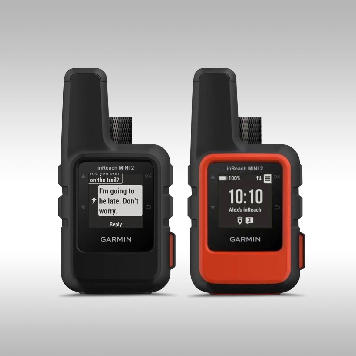 Two Garmin inReach Mini 2 personal satellite communicator devices, one in black and one in red, displayed against a white background.