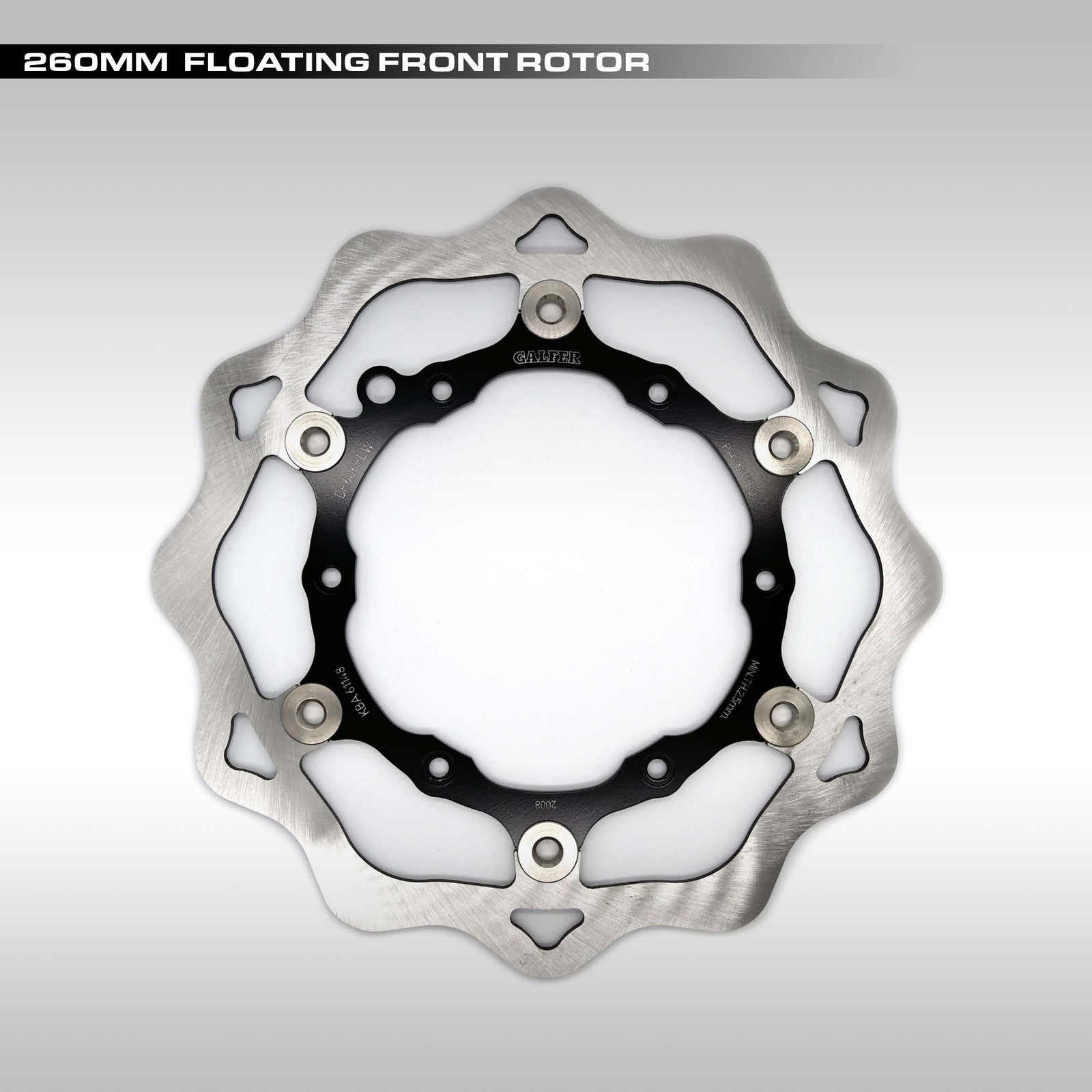 Galfer 260mm floating front motorcycle brake rotor on a gray background