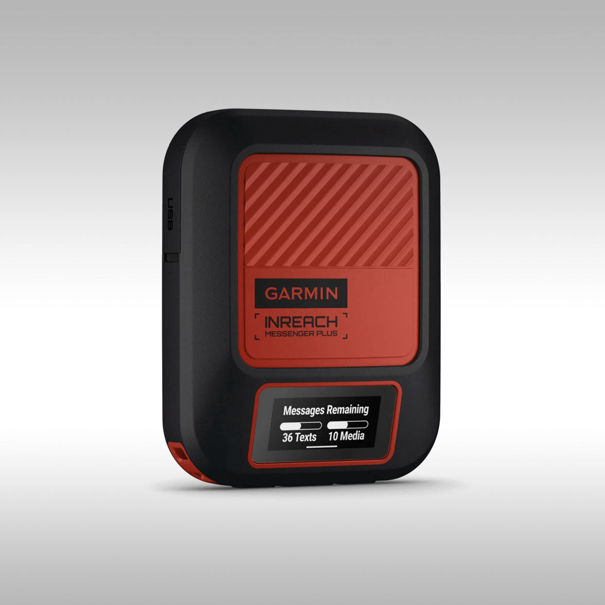 Garmin InReach Messenger Plus device with red and black design on a gray background