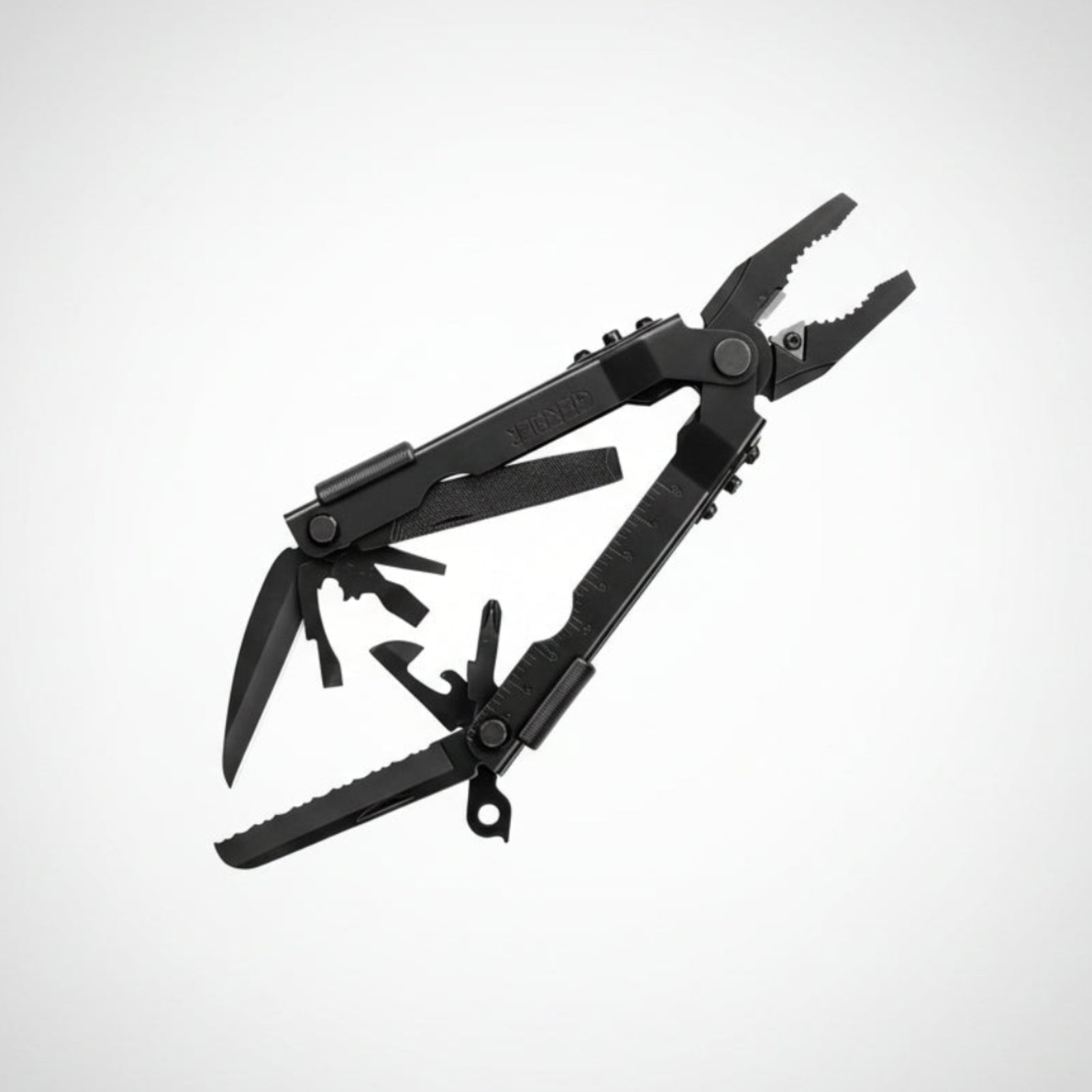 Black Gerber multi-tool with various components on a gray background