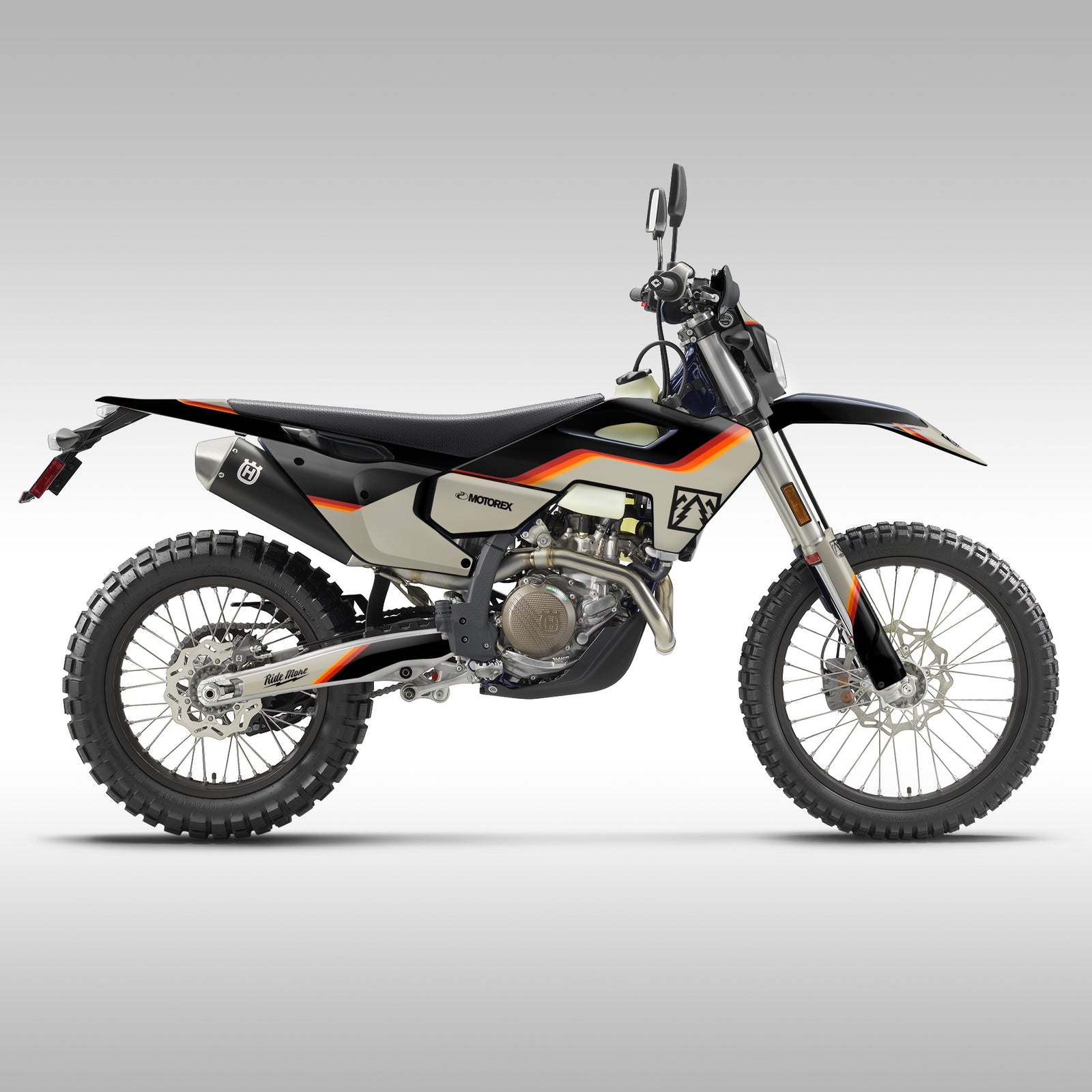 Motorcycle with black and orange design on a gray background