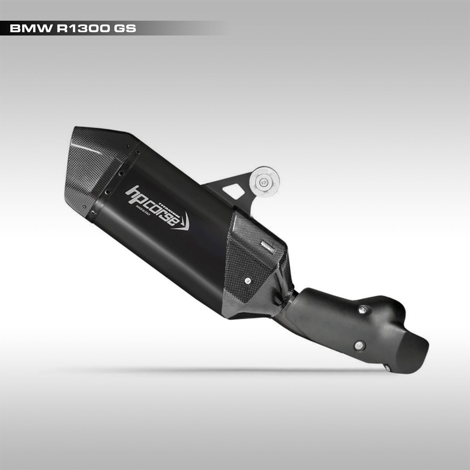 Black titanium and carbon fiber slip-on exhaust for the BMW R 1300 GS motorcycle. 