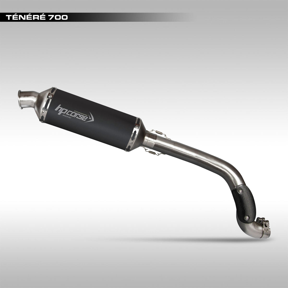 High mount exhaust for the Yamaha Tenere 700. HP Corse Titanium SP-1 in black. Slip-on exhaust system from Italy.