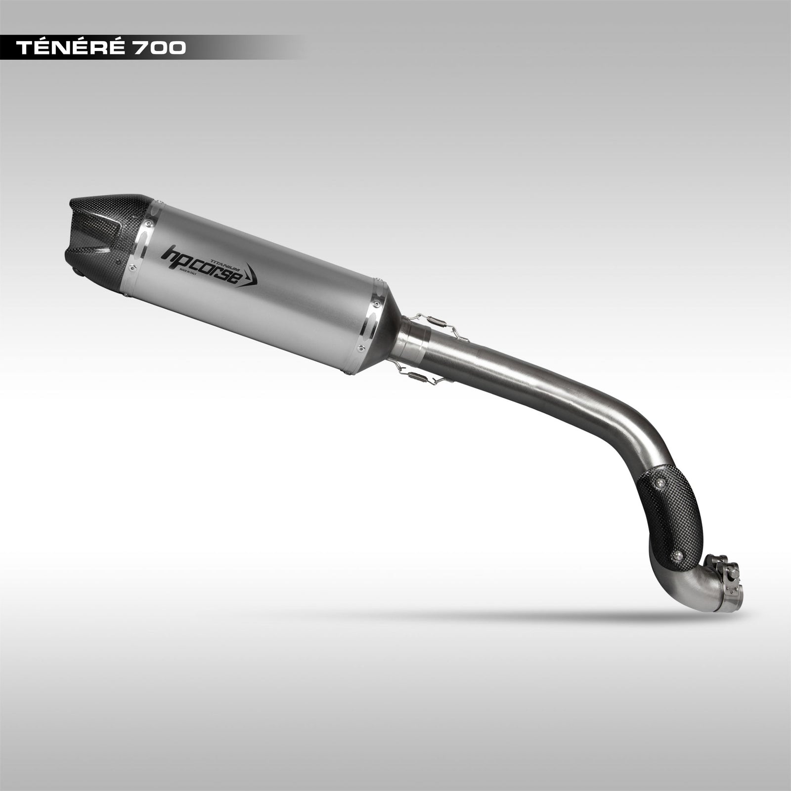 HP Corse High Mount SP-1 Short Titanium Slip-On exhaust for Yamaha Teneré 700, featuring a carbon fiber end cap, hand crafted in Italy.