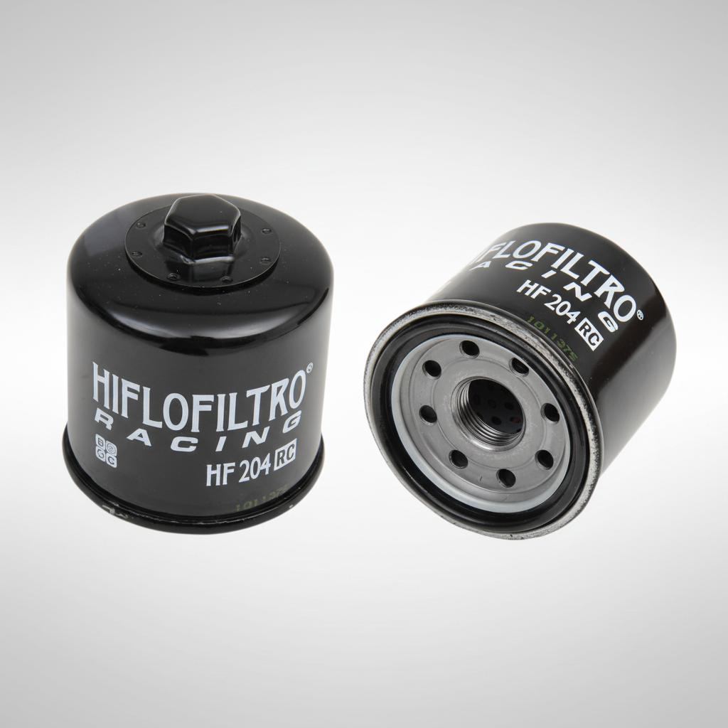 Hiflofiltro HF204RC spin-on motorcycle racing oil filter showing the 17mm cross-drilled hex nut.
