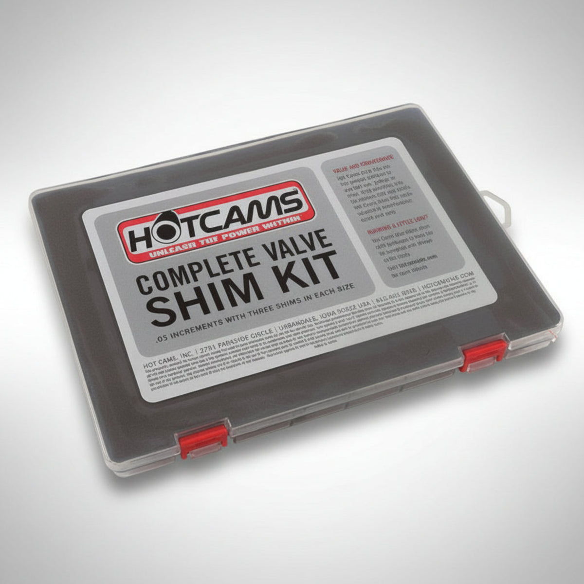 Hot Cams HCSHIM02 complete 9.48mm valve shim kit in a compartmentalized plastic organizer case.