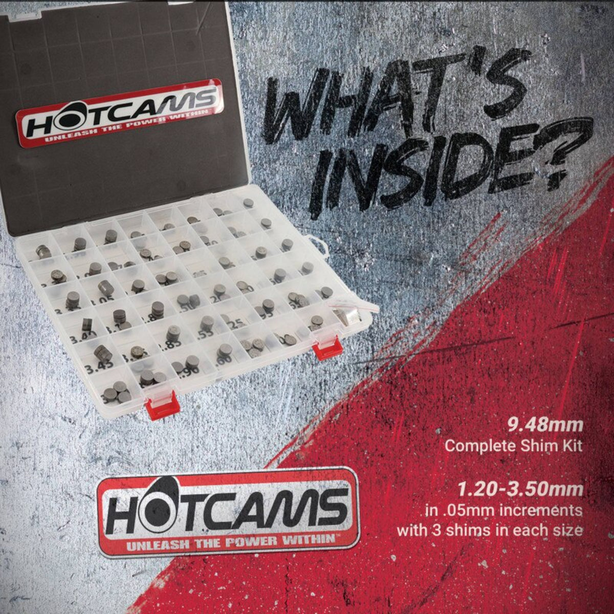 Hotcams Shim Kit packaging with text 'What's Inside?' on a textured background