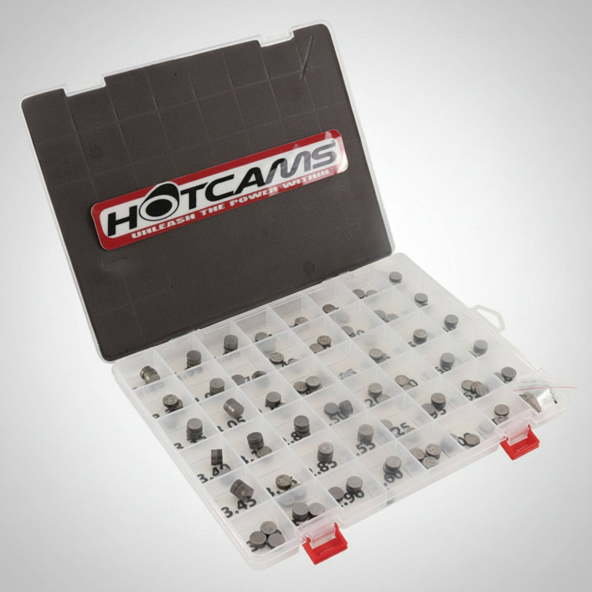 Hot Cams HCSHIM02 complete 9.48mm valve shim kit in a compartmentalized plastic organizer case.