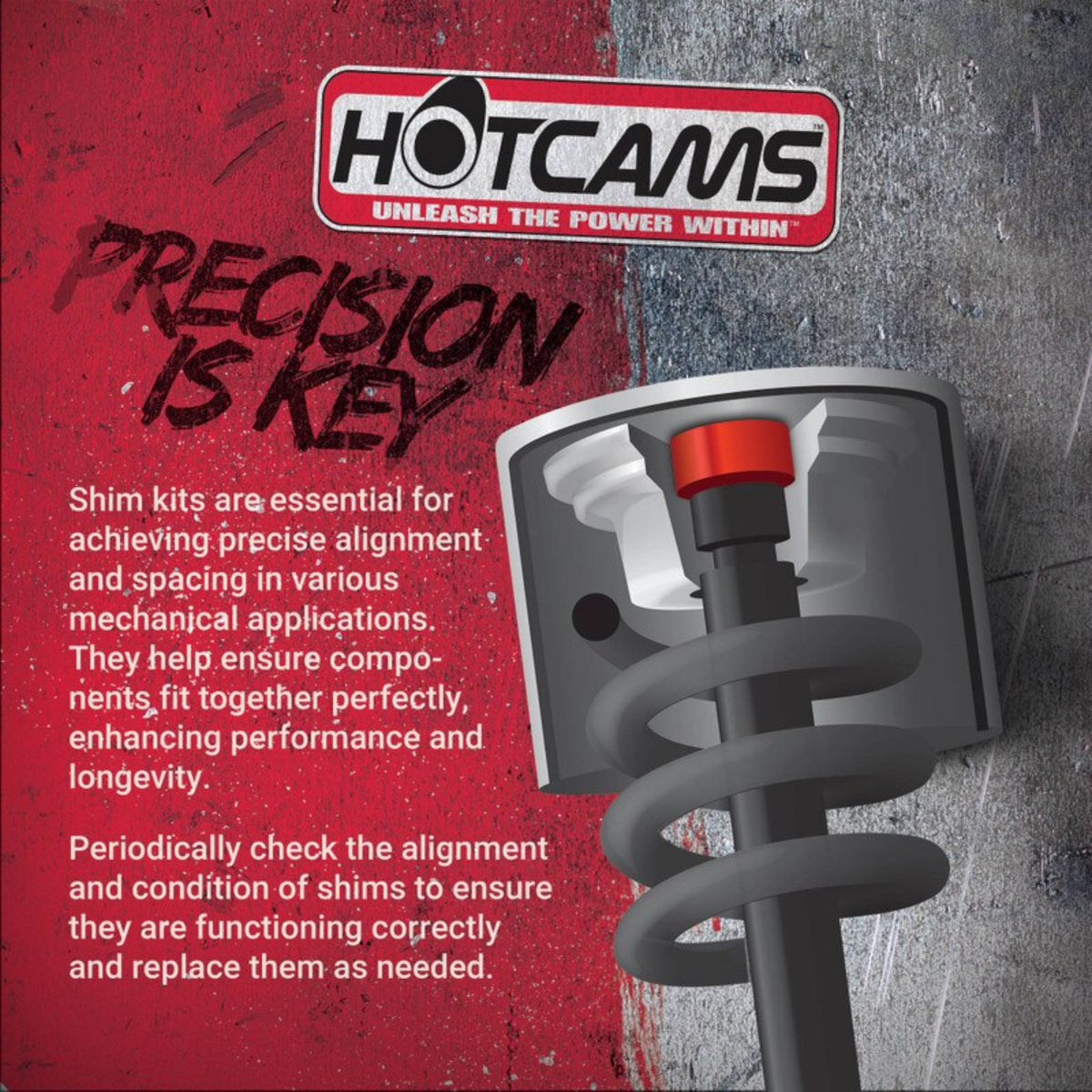 Promotional graphic for Hotcams shims, featuring a 3D rendering of a coil spring with a red shim on a gray and red textured background with product information text.