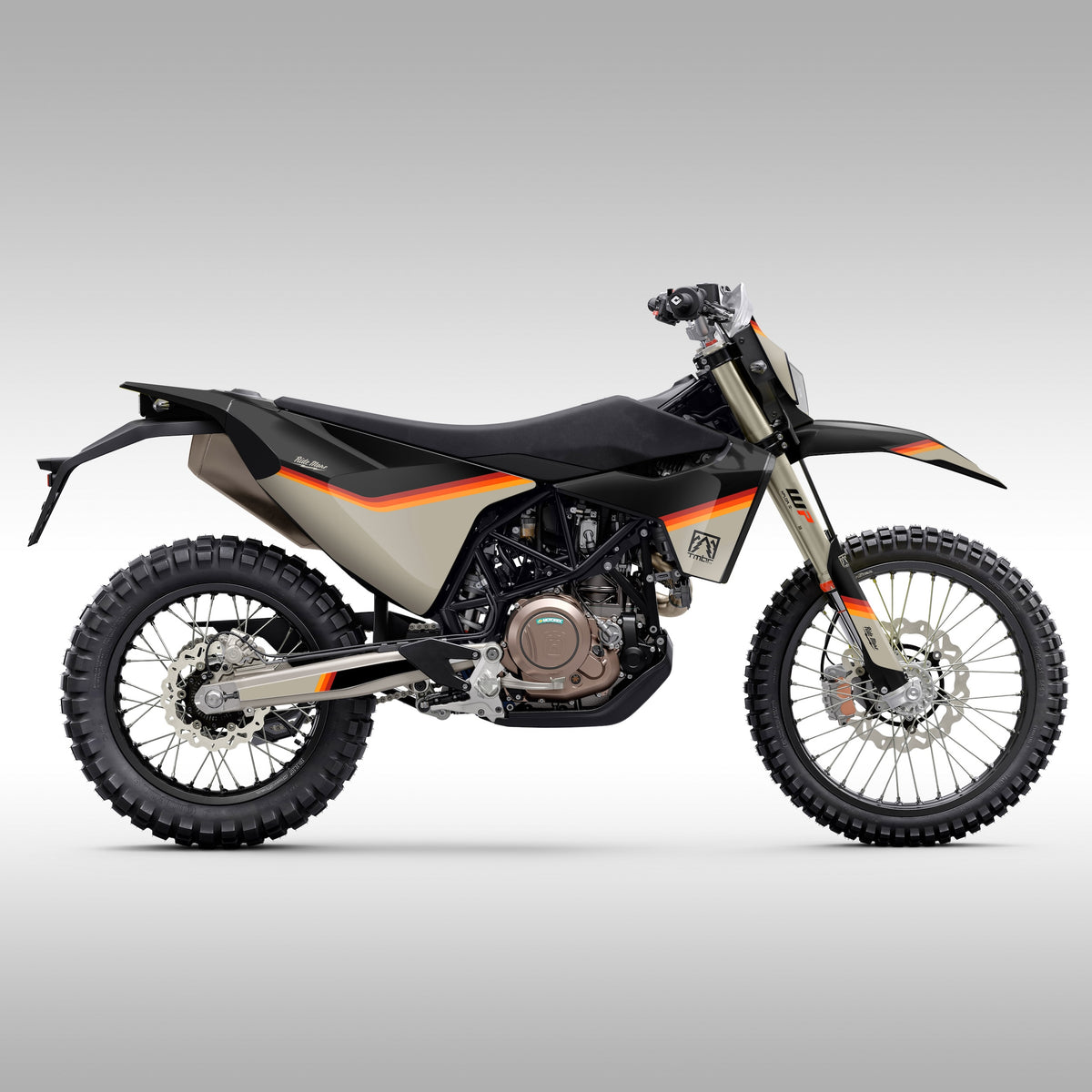 Husqvarna 701 Enduro Tan Stripes Graphics Kit on black bodywork. 