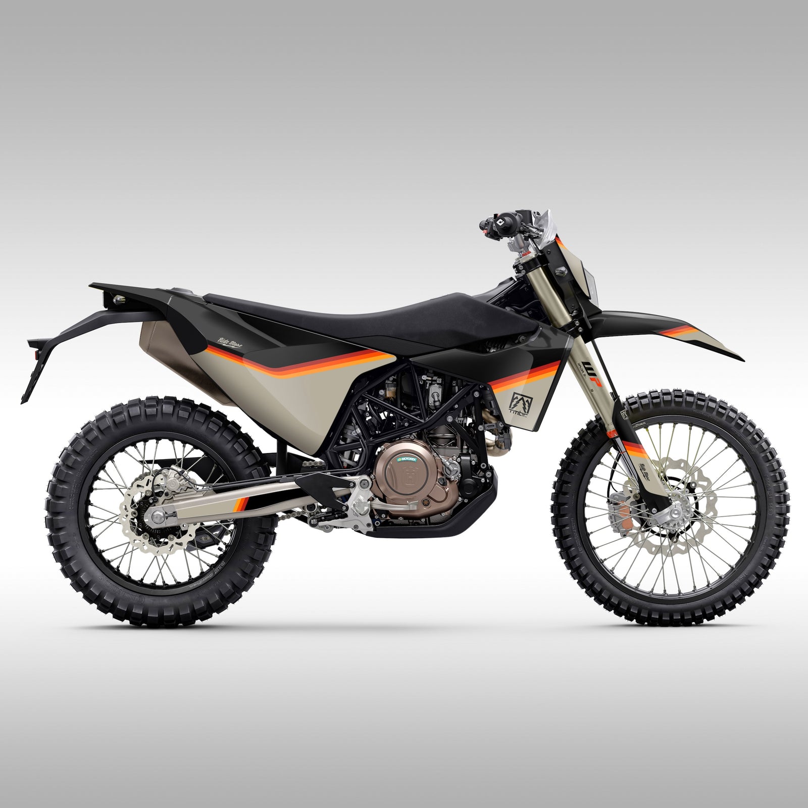 Husqvarna 701 Enduro Tan Stripes Graphics Kit on black bodywork. 