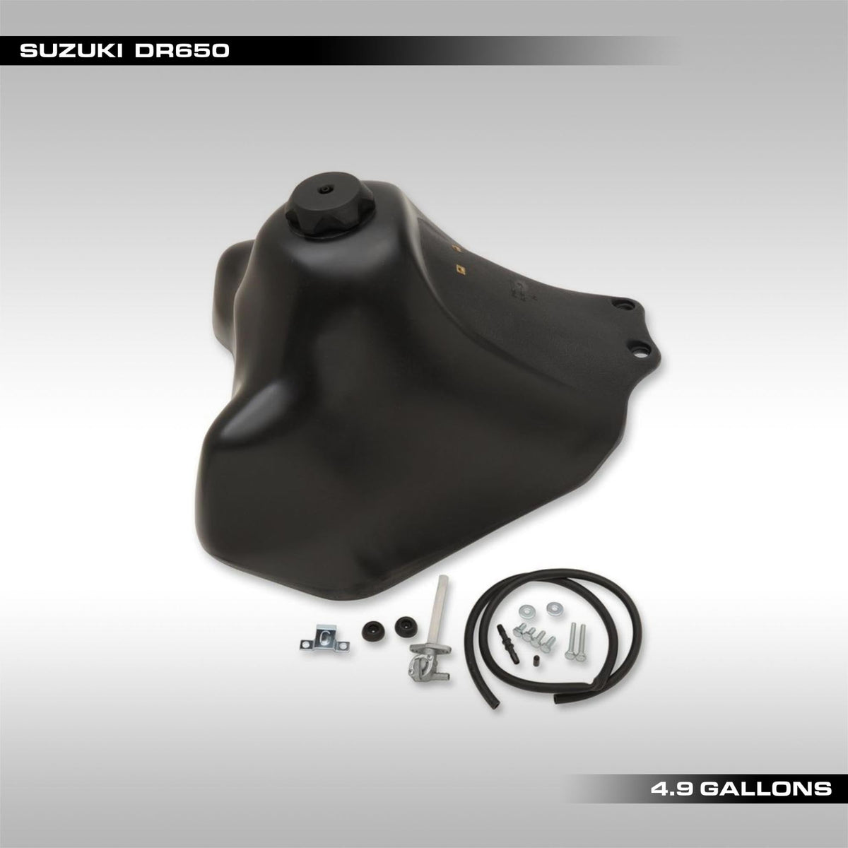 IMS Products 4.9 gallon oversized plastic fuel tank installed on a Suzuki DR650 dual-sport motorcycle.