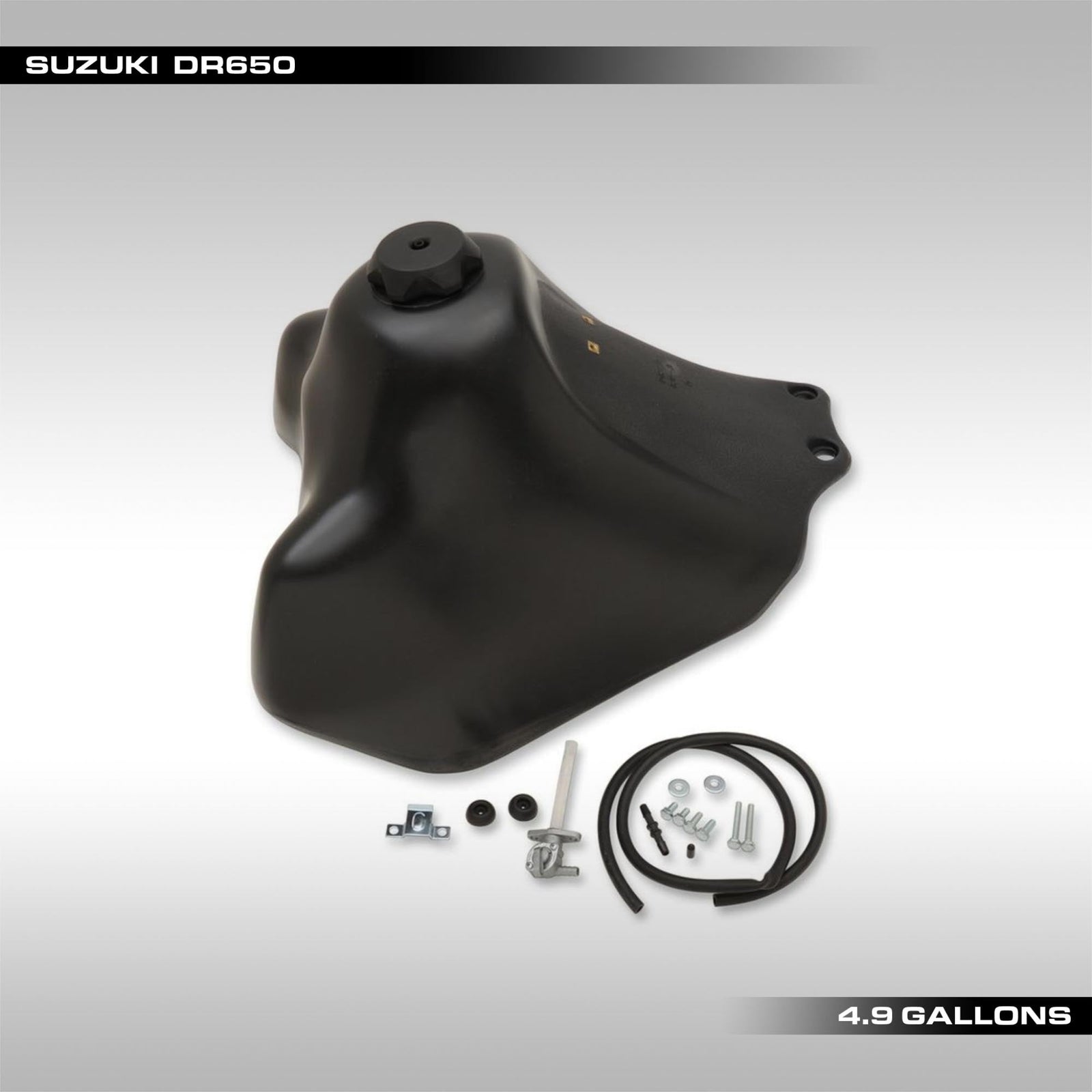 IMS Products 4.9 gallon oversized plastic fuel tank installed on a Suzuki DR650 dual-sport motorcycle.