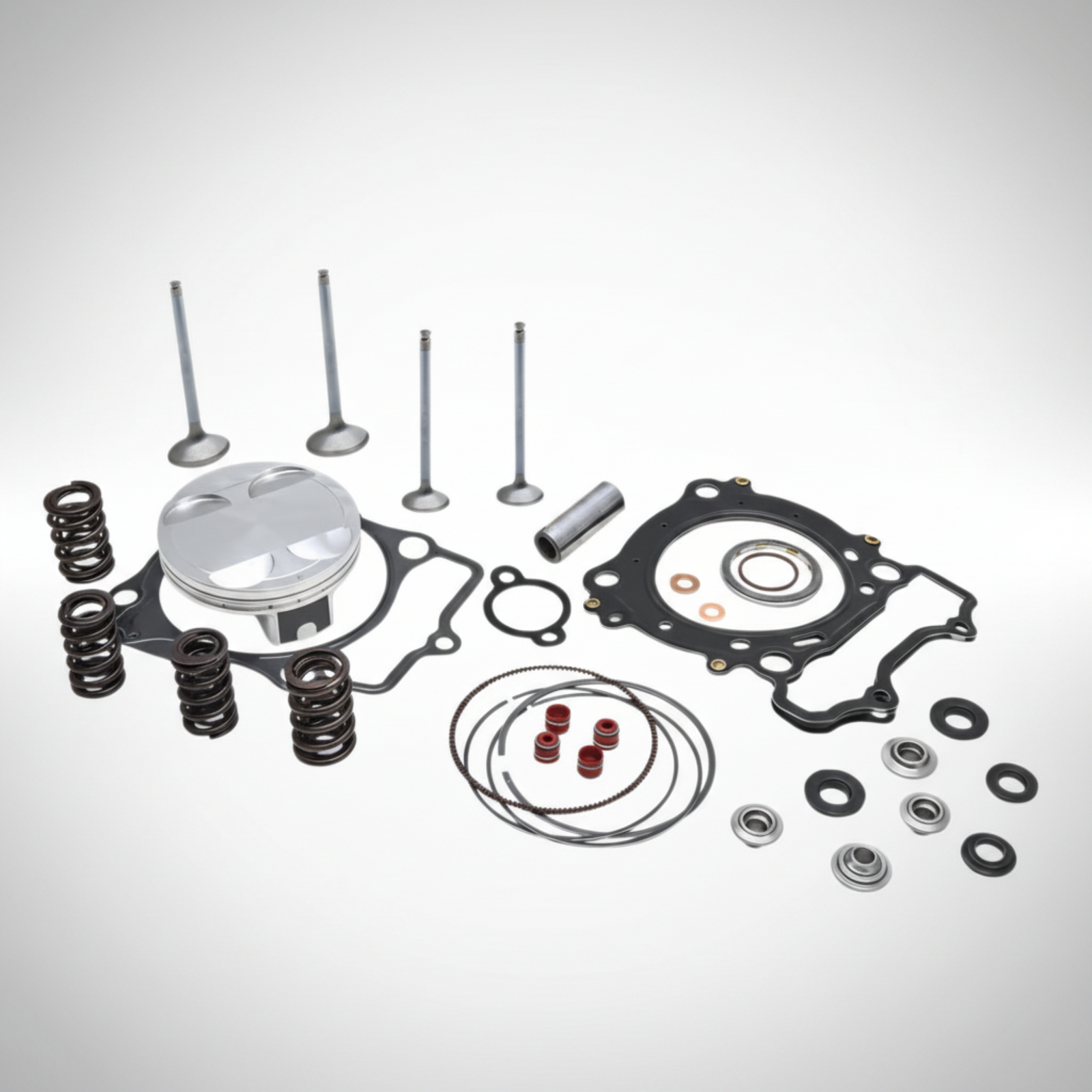 Suzuki DR-Z400 engine repair parts including springs, washers, and gaskets on a gray background