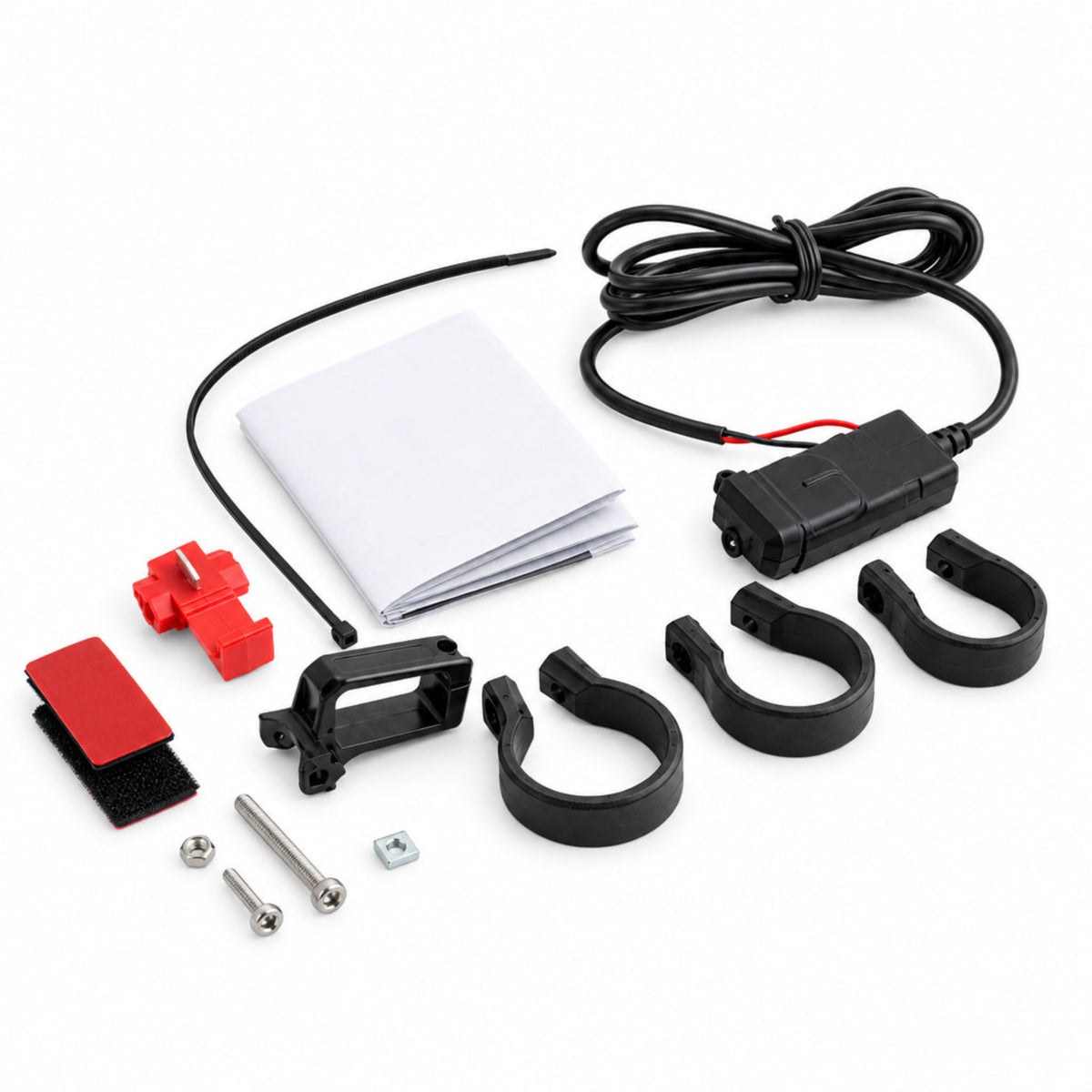 Koso KW005001 single port USB-C motorcycle charger showing the waterproof module, wiring harness, and included handlebar mounts.