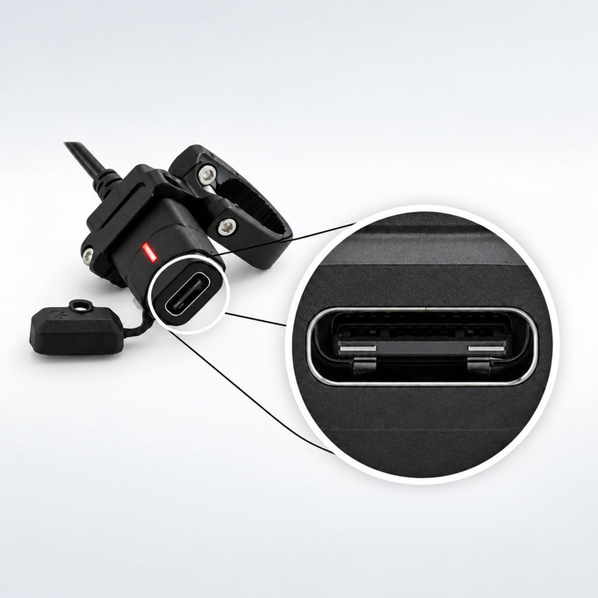 Koso KW005001 single port USB-C motorcycle charger showing the waterproof module, wiring harness, and included handlebar mounts.