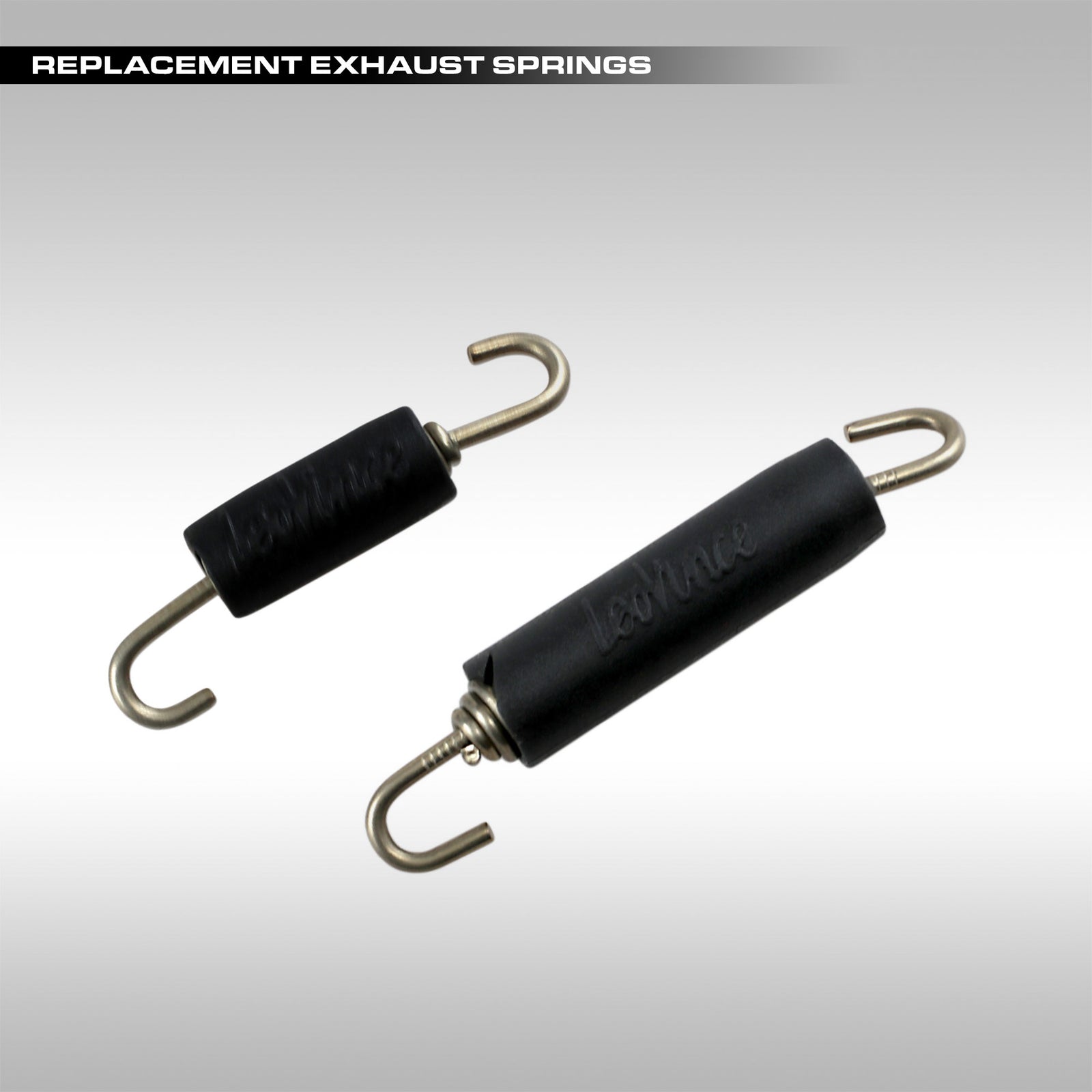 Two black LeoVince replacement exhaust springs with metal hooks on a white background.
