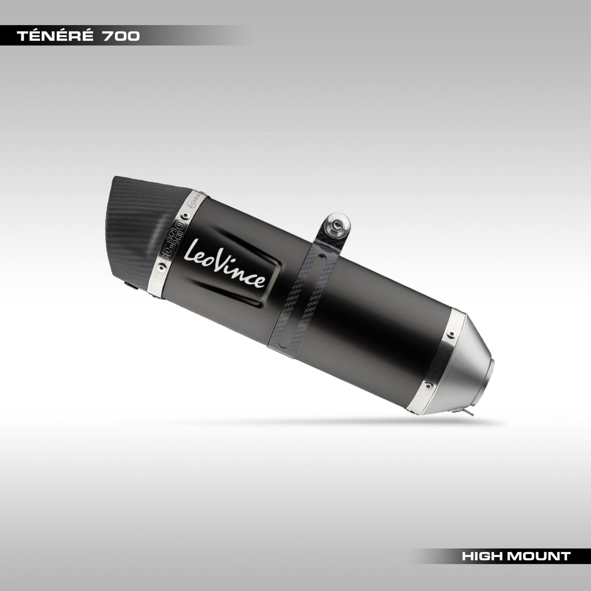 LeoVince black edition high mount muffler labeled for the Yamaha Tenere 700.