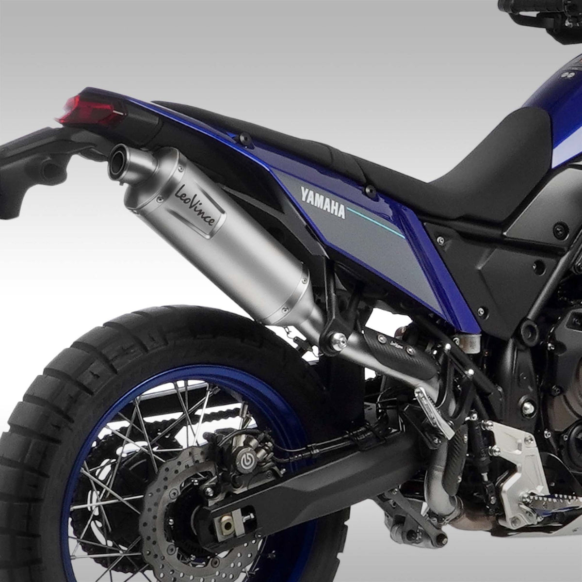 LeoVince high mount exhaust in stainless steel finish installed on the Yamaha Tenere 700. 