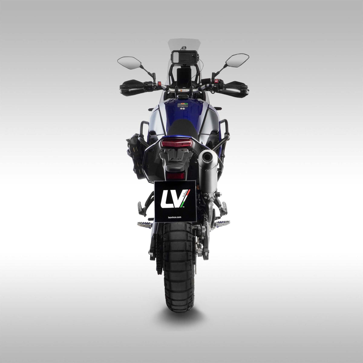 LeoVince high mount exhaust in stainless steel finish installed on the Yamaha Tenere 700. 