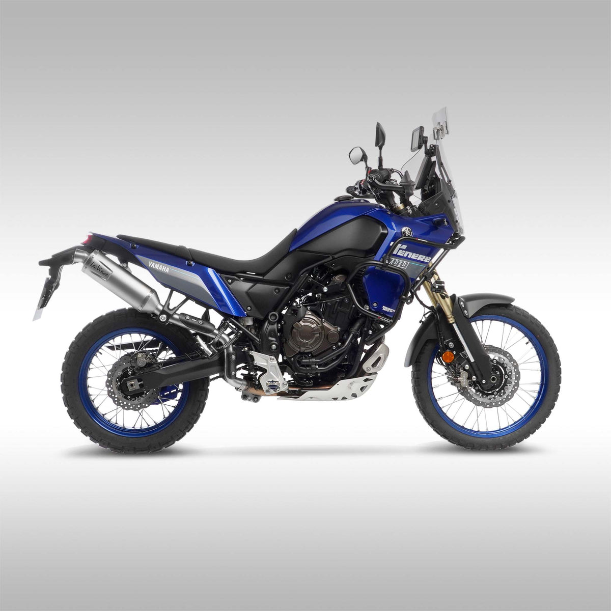 LeoVince high mount exhaust in stainless steel finish installed on the Yamaha Tenere 700. 