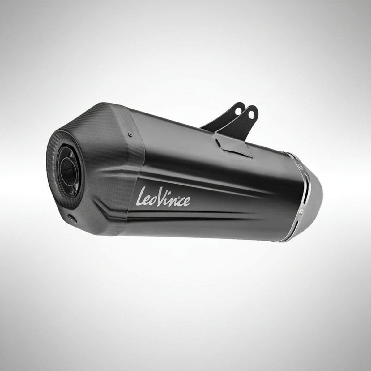 LeoVince LV-12 R Black Edition slip-on exhaust for BMW GS featuring a matte black finish and carbon fiber end cap.