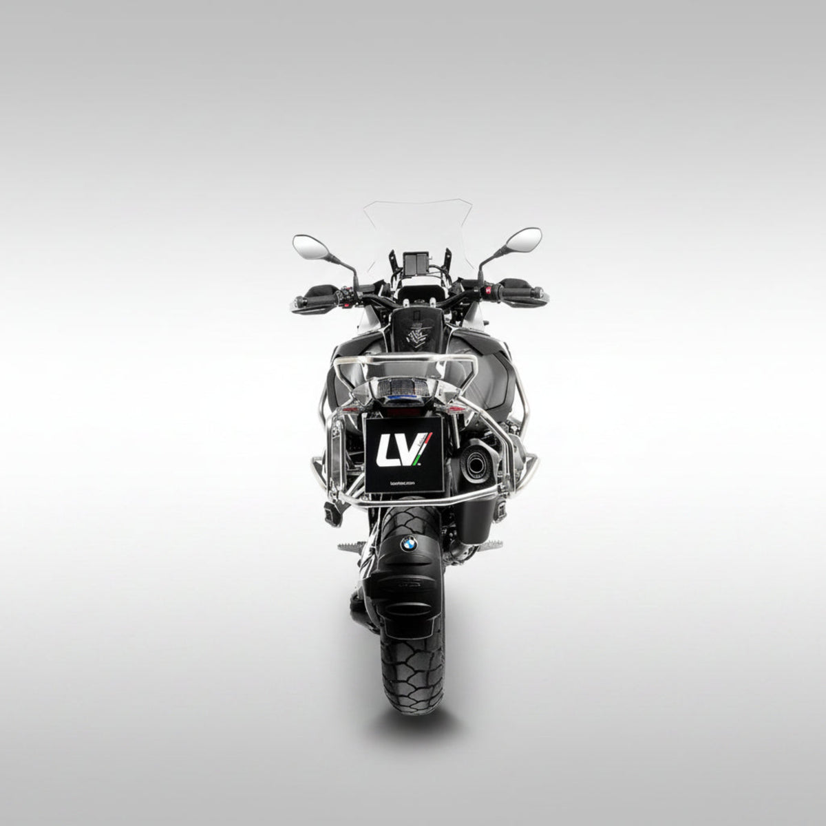 LeoVince LV-12 R Black Edition slip-on exhaust for BMW GS featuring a matte black finish and carbon fiber end cap.