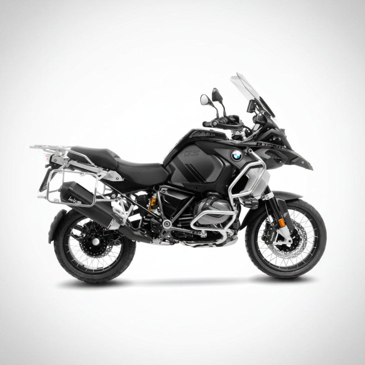 LeoVince LV-12 R Black Edition slip-on exhaust for BMW GS featuring a matte black finish and carbon fiber end cap.