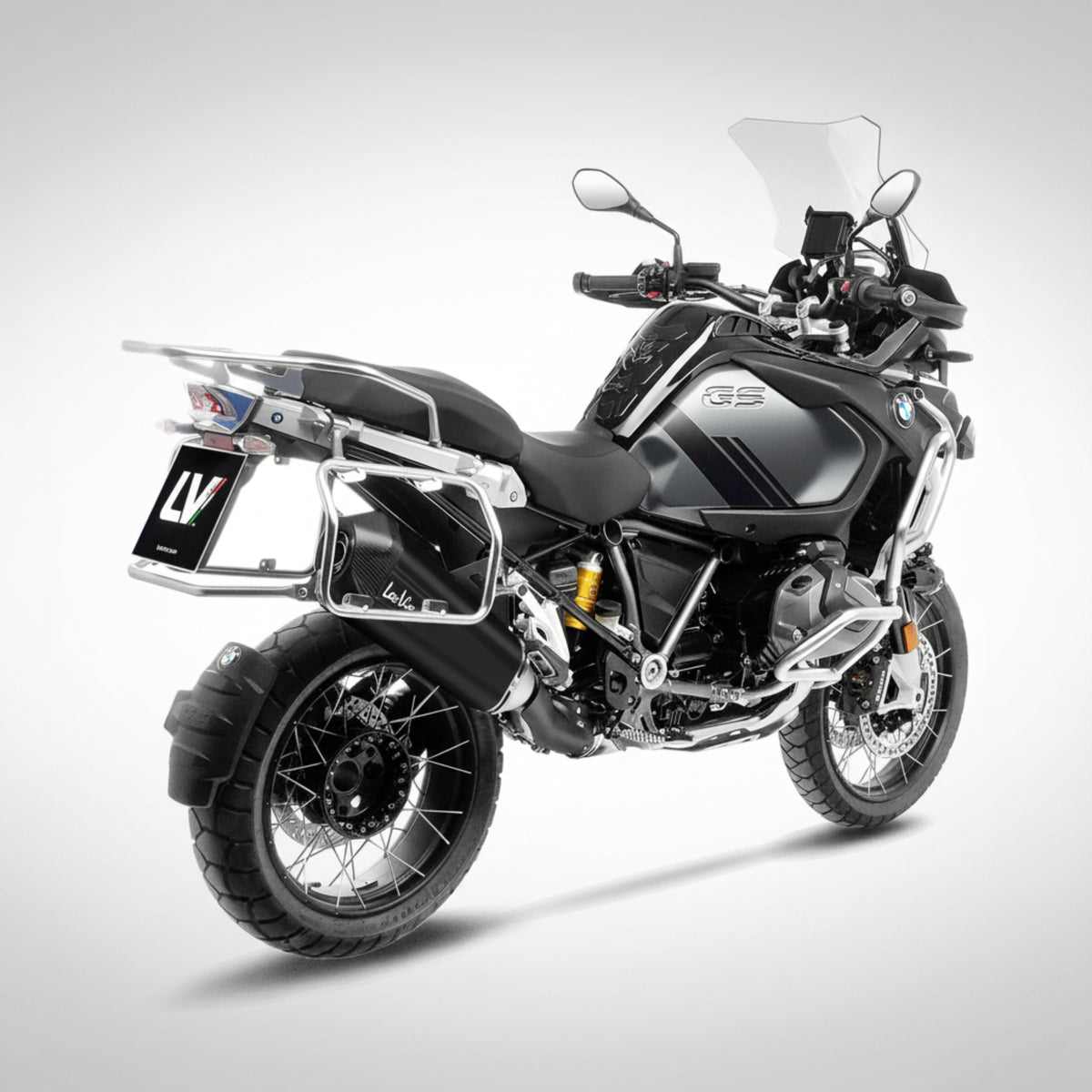 LeoVince LV-12 R Black Edition slip-on exhaust for BMW GS featuring a matte black finish and carbon fiber end cap.