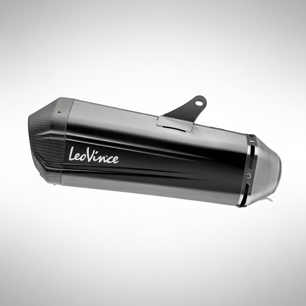 LeoVince LV-12 R Black Edition slip-on exhaust for BMW GS featuring a matte black finish and carbon fiber end cap.