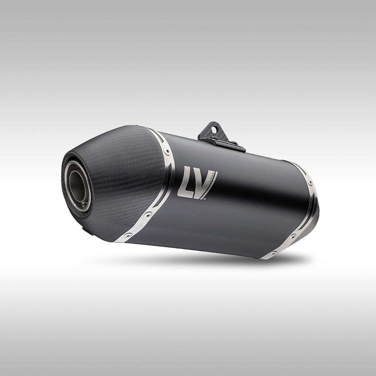 LeoVince LV-14 Slip-On Muffler CFMOTO Ibex 450 MT450 Black on gray background