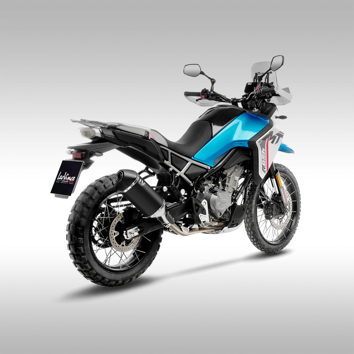 LeoVince LV-14 Slip-On Muffler CFMOTO Ibex 450 MT450 Black on gray background