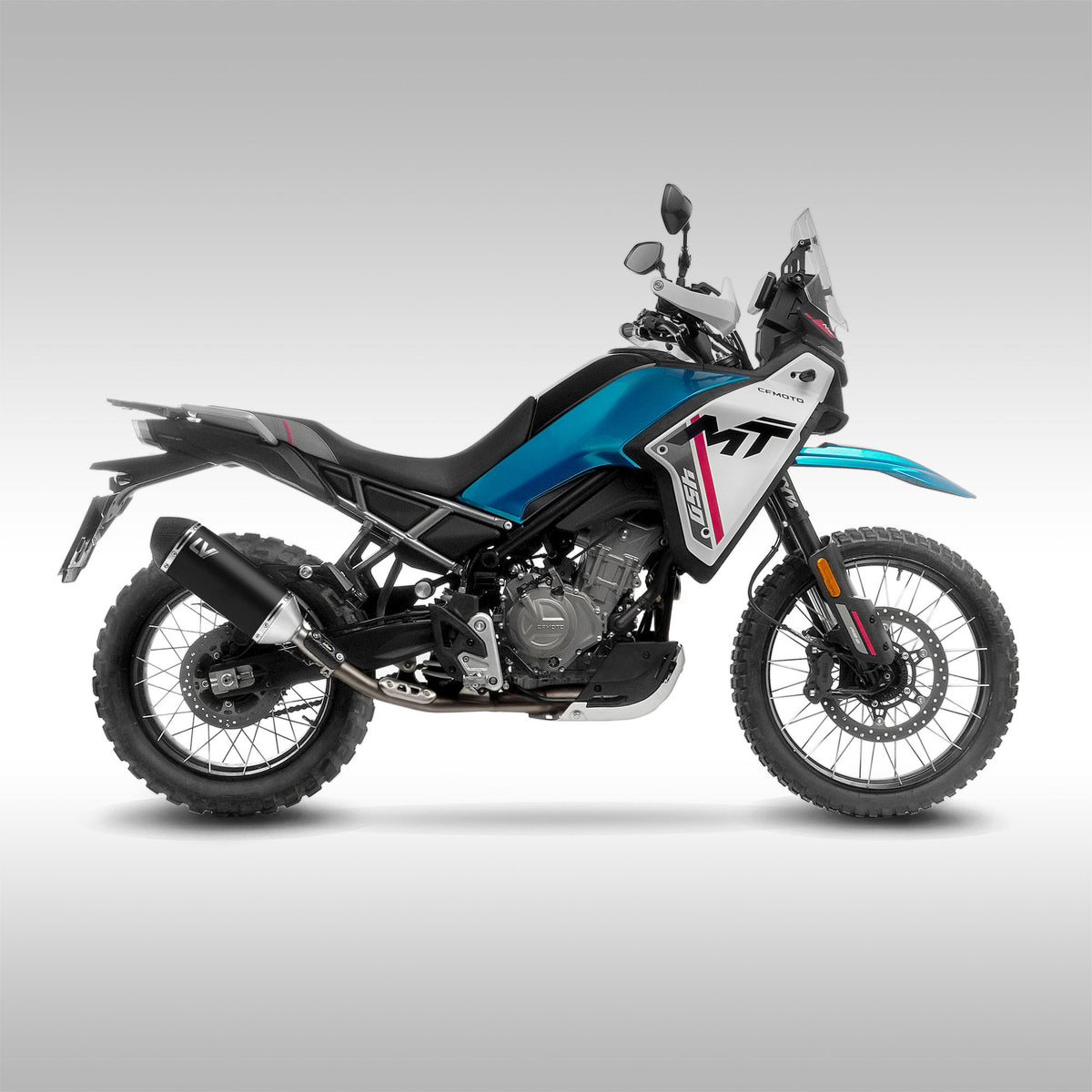 LeoVince LV-14 Slip-On Muffler CFMOTO Ibex 450 MT450 Black installed on gray background